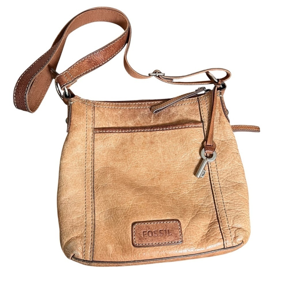Vtg Fossil Genuine Leather Brown Crossbody Bag Tan Satchel Zip-Top Key Charm Y2k